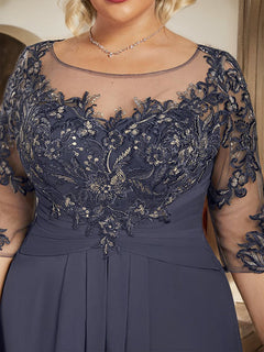 A-Line Scoop Neck Illusion Floor-Length Lace Chiffon Mother of the Bride Dress with Cascading Ruffles