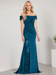 A-Line Off-the-Shoulder Floor-Length Mother of the Bride Dress with Appliqué Beadings and Mermaid Silhouette Featuring a High Split