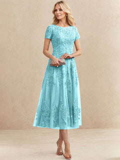 A-line Scoop Tea-Length Tulle Lace Mother of the Bride Dress