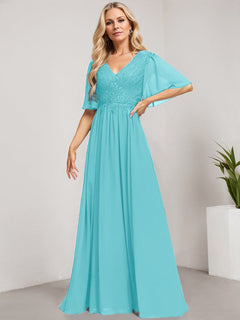 A-Line V-Neck Floor-Length Lace Chiffon Mother of the Bride Dress with Sequins