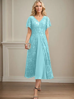A-Line V-Neck Tea-Length Lace Chiffon Mother of the Bride Dress