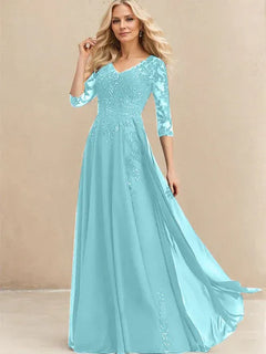A-Line V-Neck Floor-Length Lace Chiffon Mother of the Bride Dress with Sequins