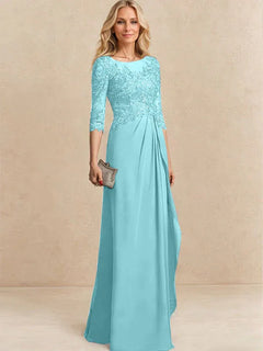 A-Line Scoop Illusion Floor-Length Chiffon and Lace Mother of the Bride Dress with Beading, Sequins, and Cascading Ruffles