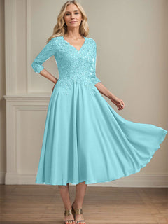 A-Line V-Neck Tea-Length Chiffon and Lace Mother of the Bride Dress with Beading and Sequins