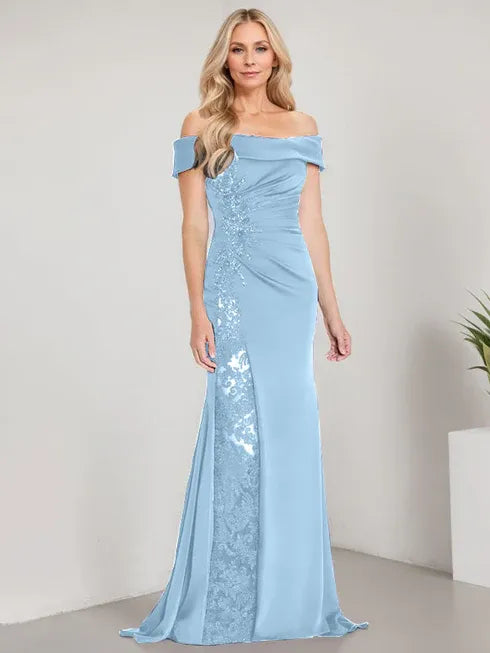 A-Line Off the Shoulder Floor-Length Mother of the Bride Dress Applique Beadings Mermaid Dress With High Split