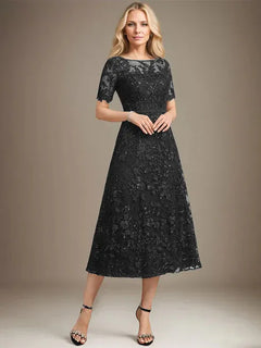 A-Line Scoop Neck Illusion Tea-Length Lace Mother of the Bride Dress with Sequins