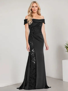 A-Line Off-the-Shoulder Floor-Length Mother of the Bride Dress with Appliqué Beadings and Mermaid Silhouette Featuring a High Split