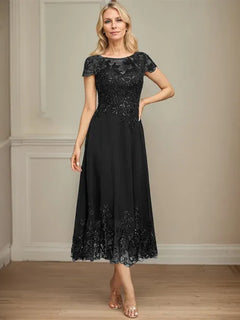 A-Line Illusion Scoop Tea-Length Lace Chiffon Mother of the Bride Dress with Sequins