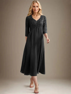 A-Line V-Neck Tea-Length Chiffon Lace Mother of the Bride Dress with Beading