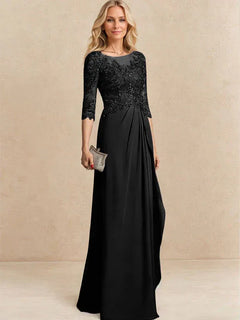 A-Line Scoop Illusion Floor-Length Chiffon and Lace Mother of the Bride Dress with Beading, Sequins, and Cascading Ruffles