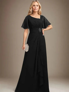 A-Line Asymmetrical Floor-Length Chiffon Mother of the Bride Dress with Pleated Beading and Sequins