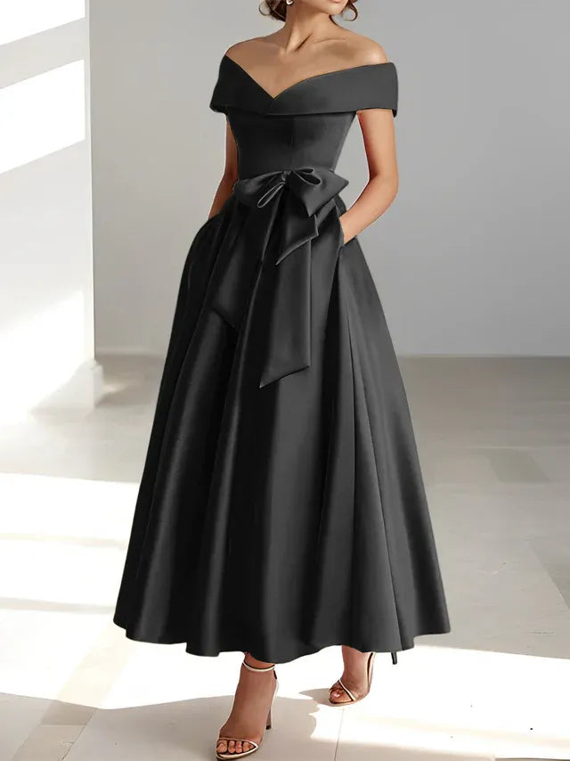 A-Line Off-the-Shoulder Sleeveless Ankle-Length Mother of the Bride Dress with Pockets