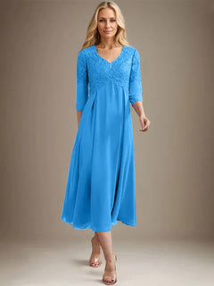 A-Line V-Neck Tea-Length Chiffon Lace Mother of the Bride Dress with Beading