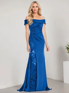 A-Line Off-the-Shoulder Floor-Length Mother of the Bride Dress with Appliqué Beadings and Mermaid Silhouette Featuring a High Split