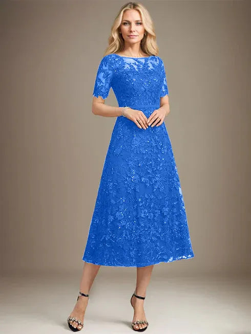 A-Line Scoop Neck Illusion Tea-Length Lace Mother of the Bride Dress with Sequins