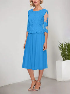 A-Line Scoop Neck Tea-Length Lace Chiffon Mother of the Bride Dress with Embroidery