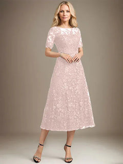A-Line Scoop Neck Illusion Tea-Length Lace Mother of the Bride Dress with Sequins