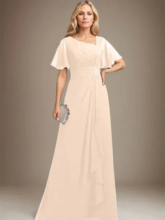A-Line Asymmetrical Floor-Length Chiffon Mother of the Bride Dress with Pleated Beading and Sequins