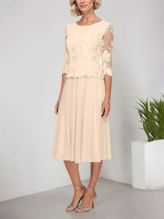 A-Line Scoop Neck Tea-Length Lace Chiffon Mother of the Bride Dress with Embroidery