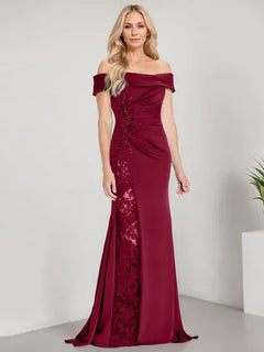 A-Line Off the Shoulder Floor-Length Mother of the Bride Dress Applique Beadings Mermaid Dress With High Split
