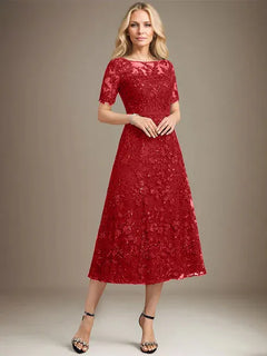 A-Line Scoop Neck Illusion Tea-Length Lace Mother of the Bride Dress with Sequins