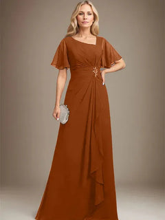 A-Line Asymmetrical Floor-Length Chiffon Mother of the Bride Dress with Pleated Beading and Sequins