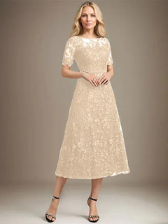 A-Line Scoop Neck Illusion Tea-Length Lace Mother of the Bride Dress with Sequins