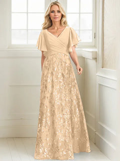 A-Line V-Neck Floor-Length Lace and Sequin Chiffon Mother of the Bride Dress with Pleats