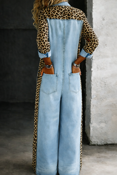 Amanda - Leopard Contrast Wide-Leg Denim Jumpsuit