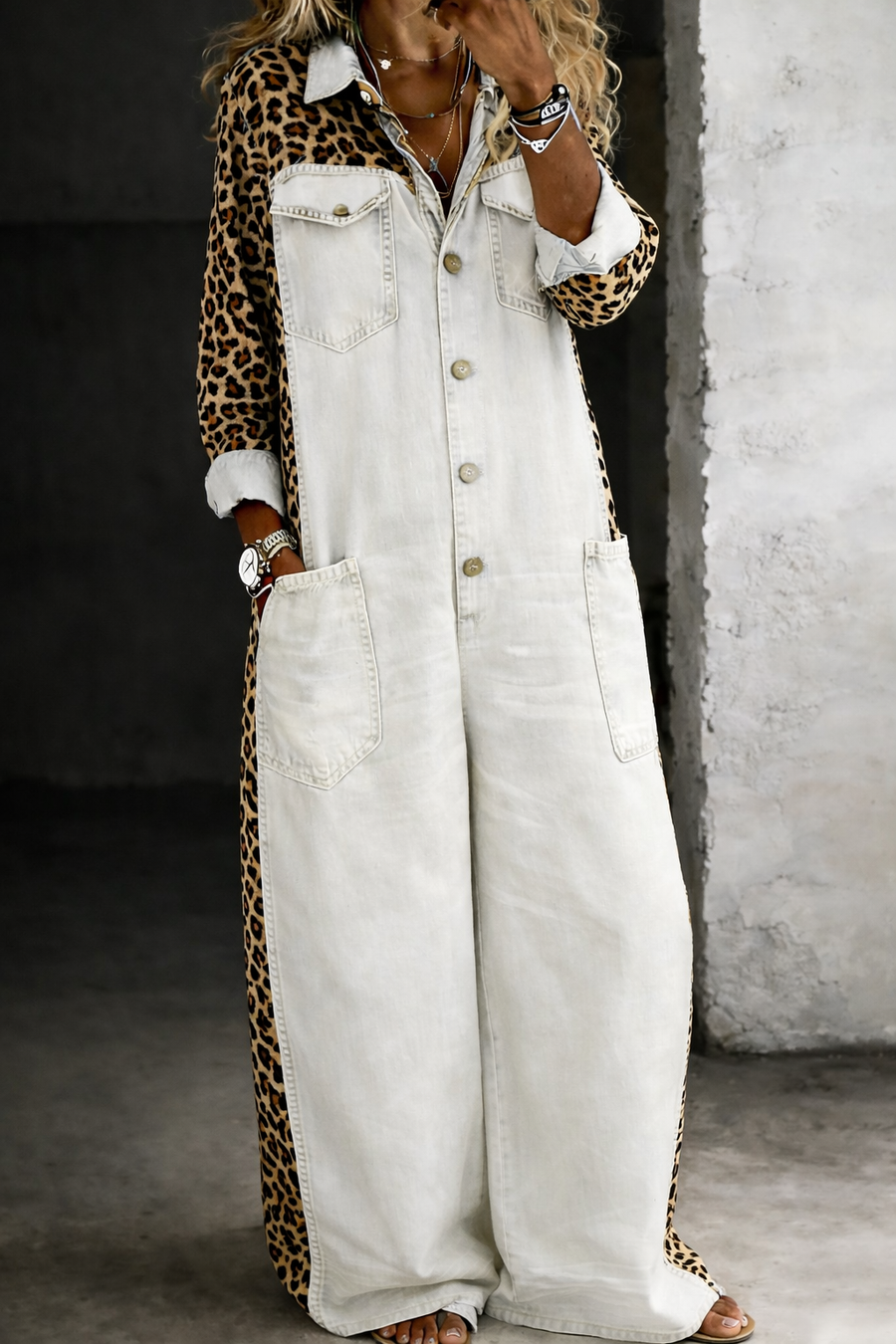 Amanda - Leopard Contrast Wide-Leg Denim Jumpsuit