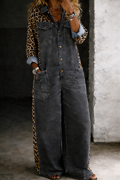 Amanda - Leopard Contrast Wide-Leg Denim Jumpsuit