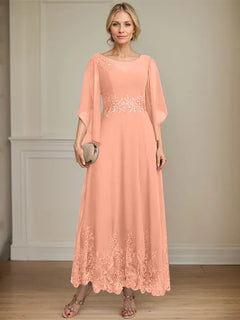 A-Line Scoop Neck Illusion Lace Chiffon Mother of the Bride Dress with Sequins and Ankle-Length Hem
