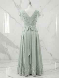 A-Line V-Neck Flutter Sleeve Chiffon Dress with Appliques and Ankle Length