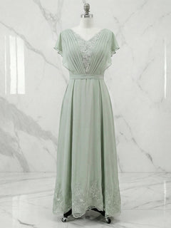 A Line V Neck Flutter Sleeve Ankle Length Chiffon Dress With Appliques