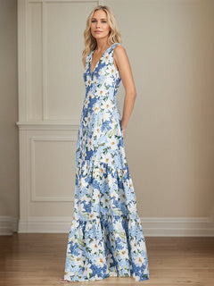 Azure Floral A-Line V-Neck Sleeveless Mother of the Bride Dress