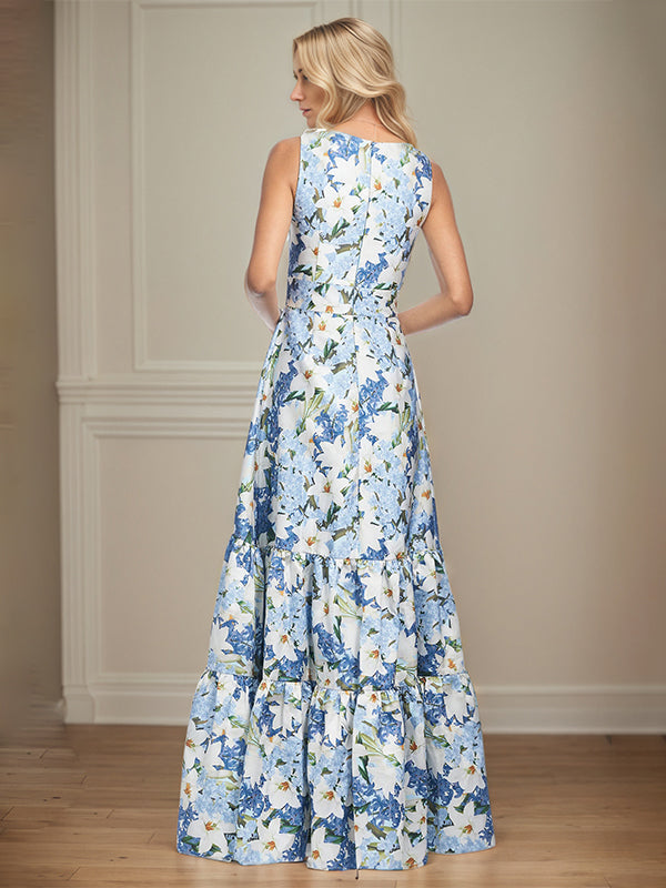 Azure Floral A-Line V-Neck Sleeveless Mother of the Bride Dress