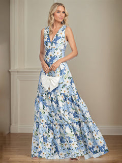 Azure Floral A-Line V-Neck Sleeveless Mother of the Bride Dress