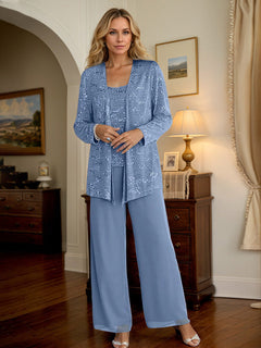 Chiffon Mother of the Bride Pantsuits with Jacket & Sequins