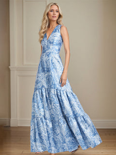 A-Line V-Neck Light Blue Floral Satin Mother of the Bride Dress