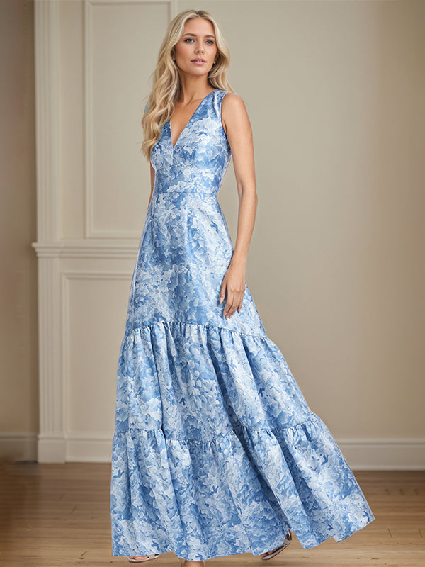 A-Line V-Neck Light Blue Floral Satin Mother of the Bride Dress
