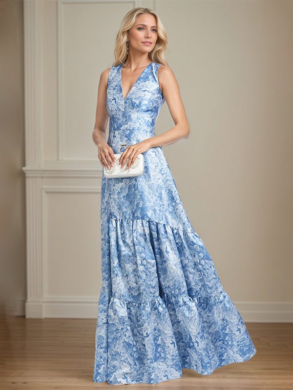 A-Line V-Neck Light Blue Floral Satin Mother of the Bride Dress