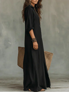 Céline™ | Black Loose Maxi Dress with Buttons