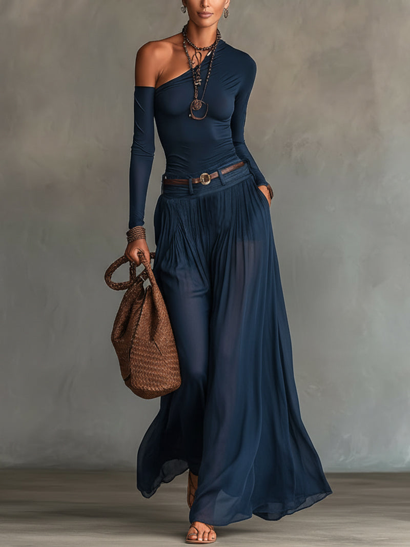 Camila: One-Shoulder Bodysuit & Maxi Skirt Set in Sheer Chiffon