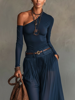 Camila | One-Shoulder Jersey Bodysuit & Maxi Skirt Set in Sheer Chiffon