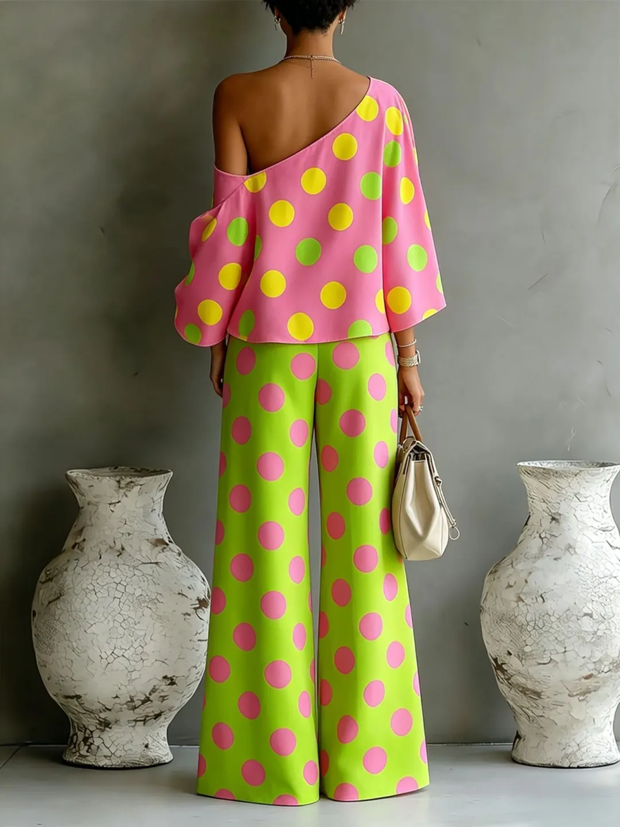 Camila | Off-Shoulder Asymmetrical Top & Wide Satin Pants Set