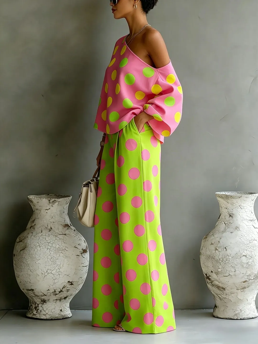 Camila | Off-Shoulder Asymmetrical Top with Wide Satin Pants