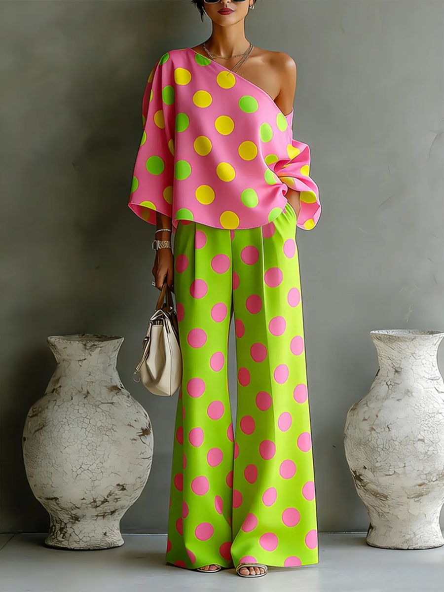 Camila | Off-Shoulder Asymmetrical Top with Wide Satin Pants