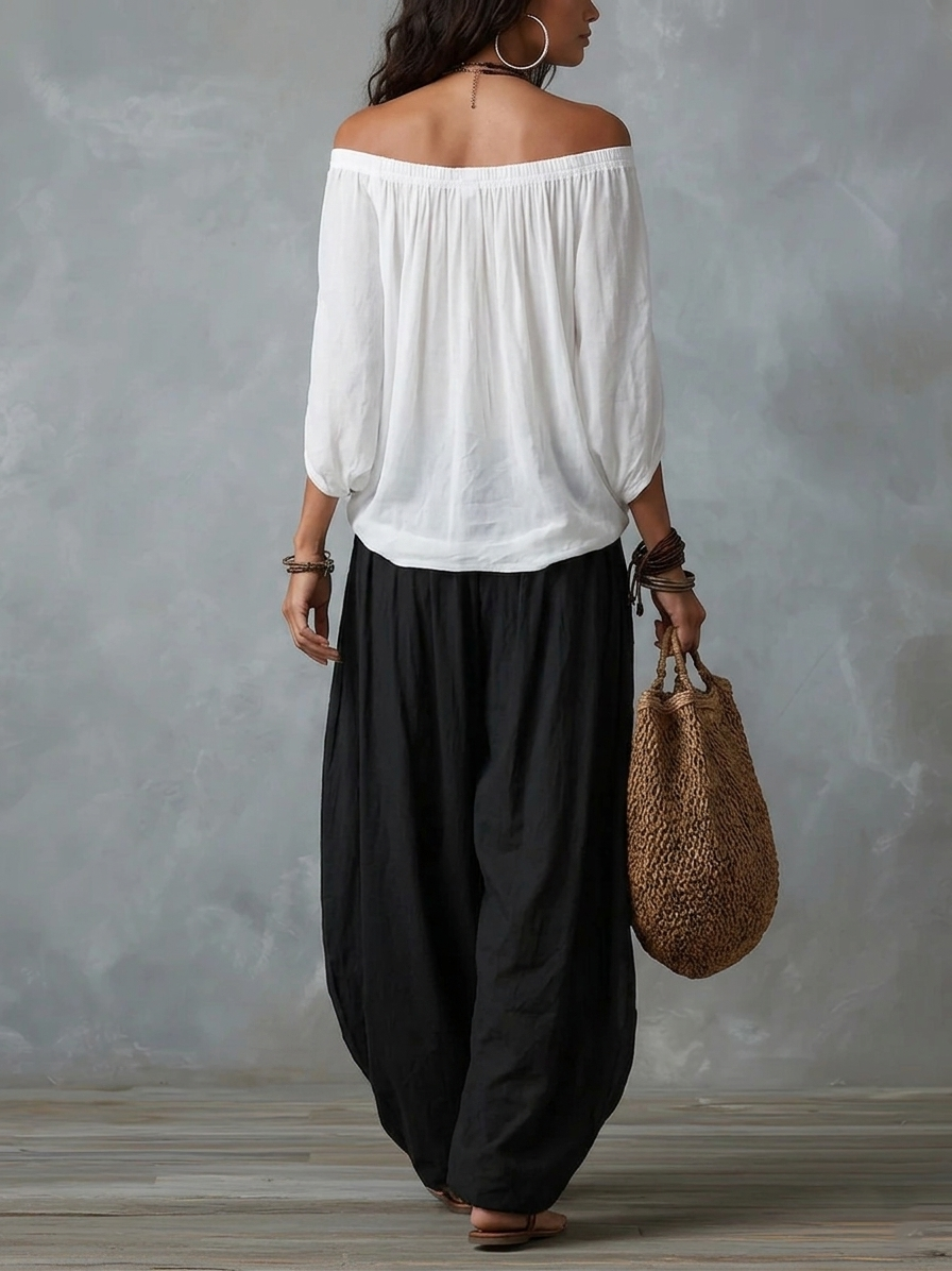 Aaliyah Off-Shoulder Top & Lantern Pants Set in Rayon Blend