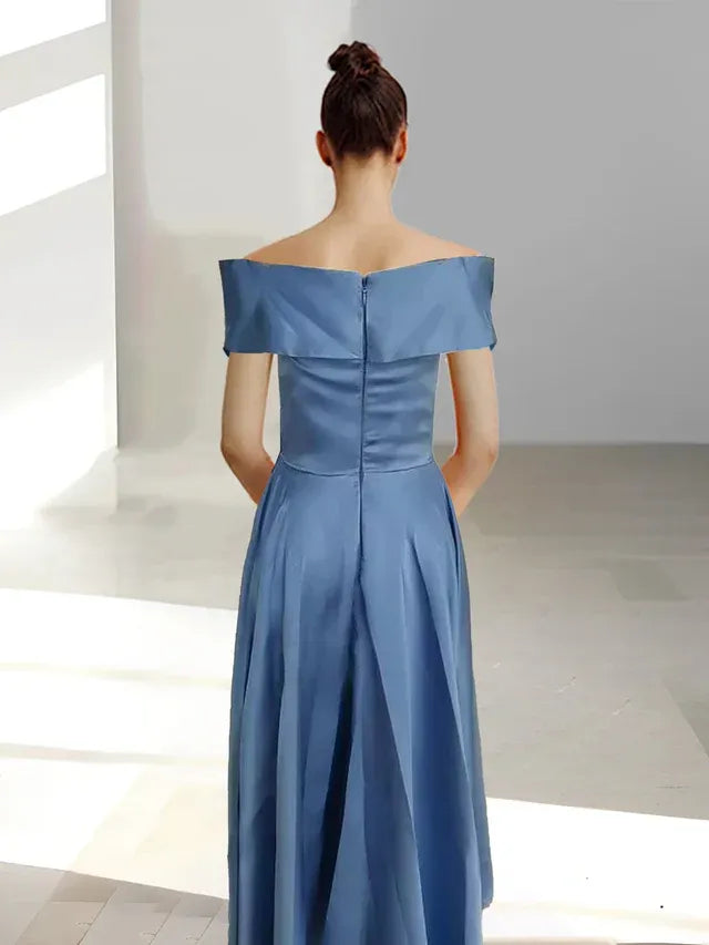A-Line Off-the-Shoulder Sleeveless Ankle-Length Mother of the Bride Dress with Pockets