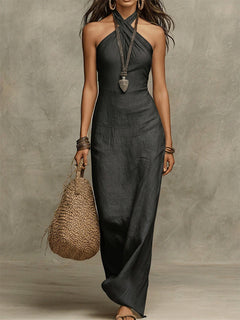 Avelina™ – Oversized Long Cotton and Linen Dress, American Collar